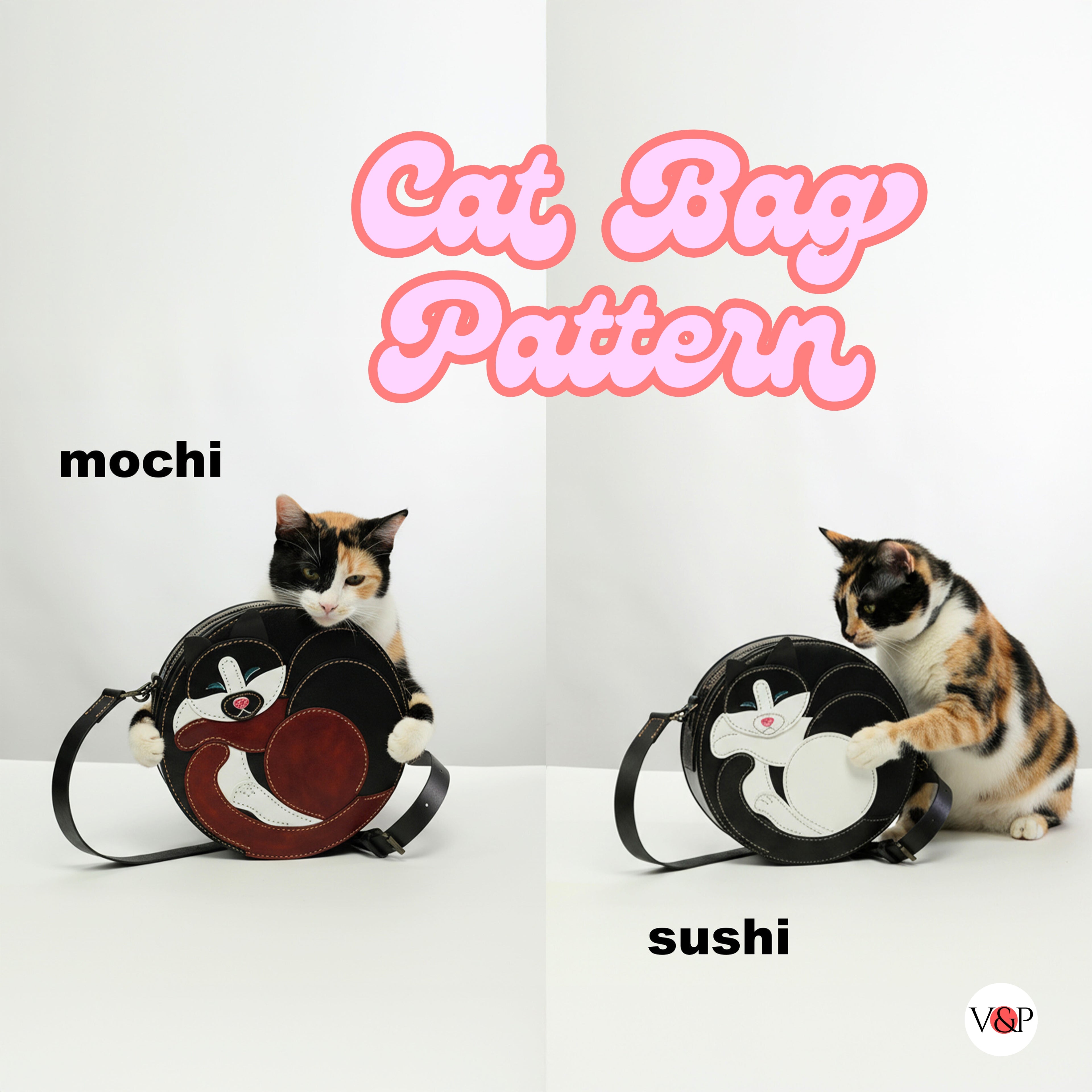 Two cat-themed bags labeled 'mochi' and 'sushi' with two cats sitting on them against a white background.