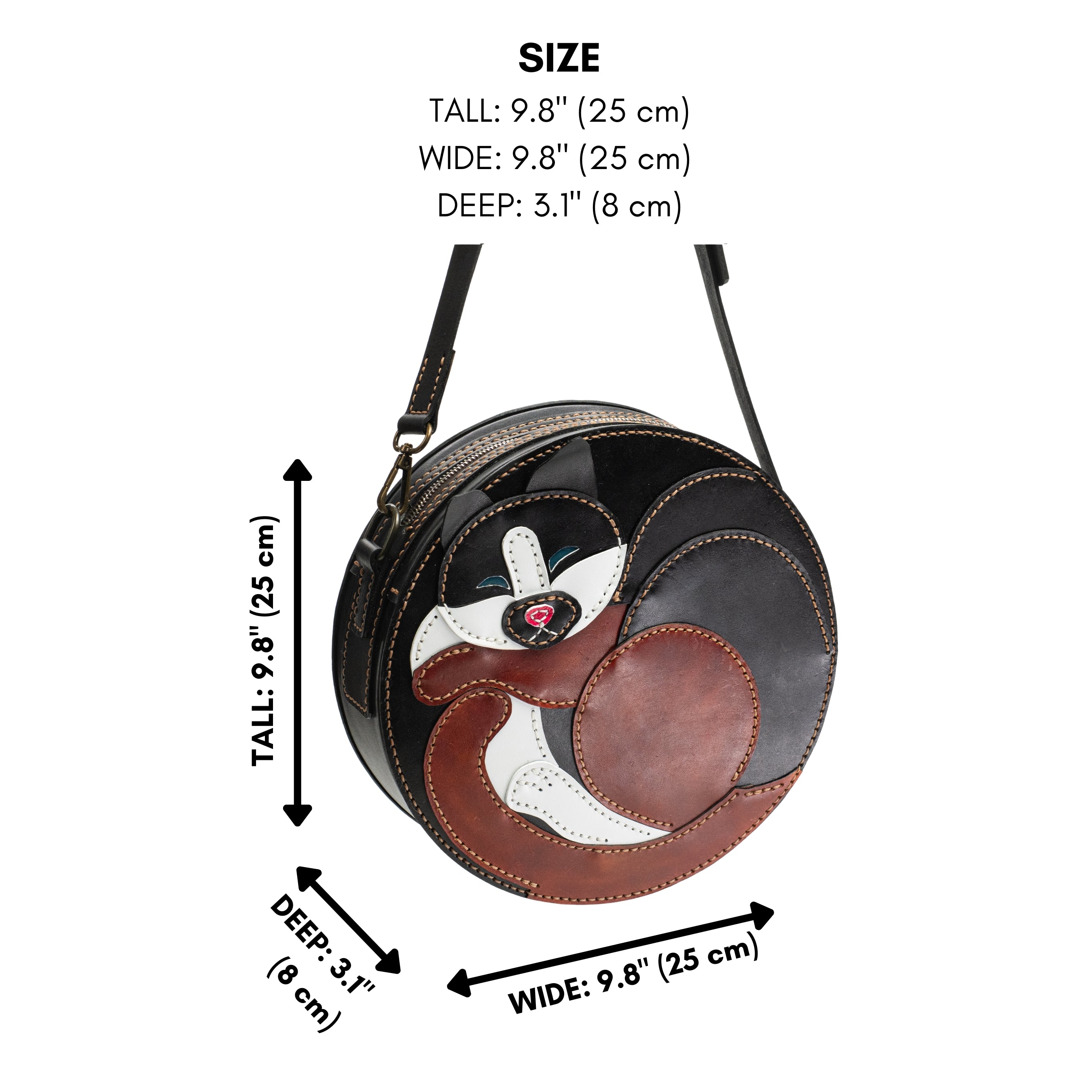 Round leather bag with a cat theme with measurements on a white background