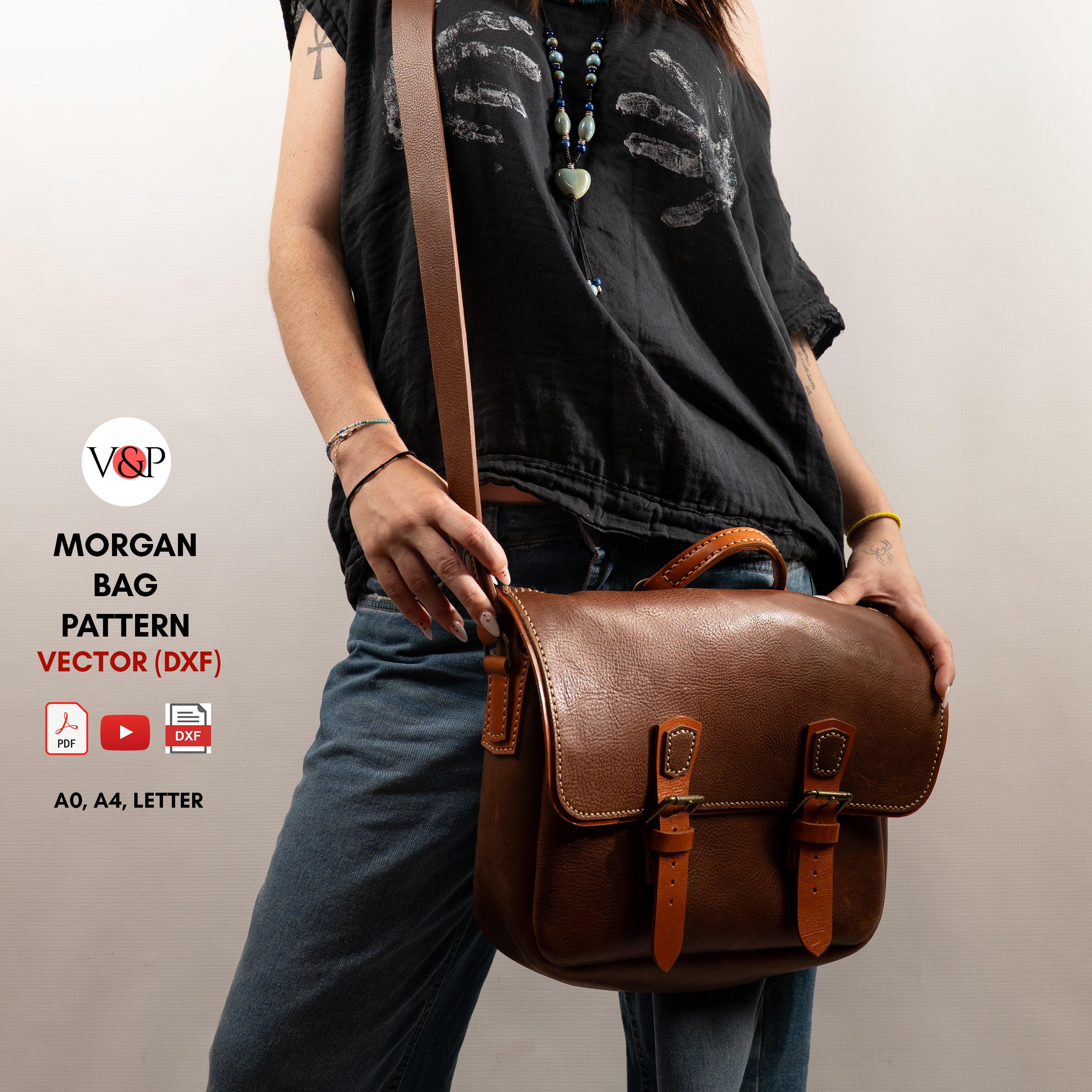 Handmade Morgan Messenger Bag in brown leather with adjustable strap, shown carried by a woman against a white background. Leathercraft design by Vasile and Pavel.