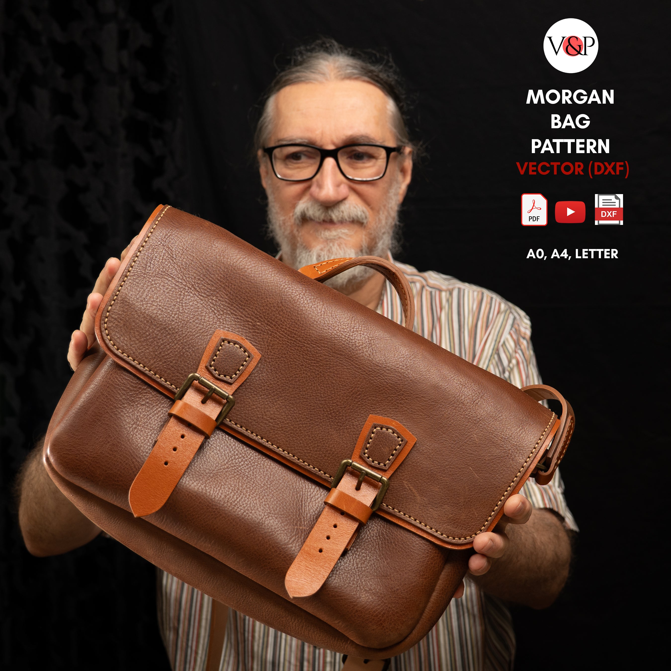 Handmade Morgan Messenger Bag in brown leather with adjustable strap, shown carried by a man against a dark background. Leathercraft design by Vasile and Pavel.
