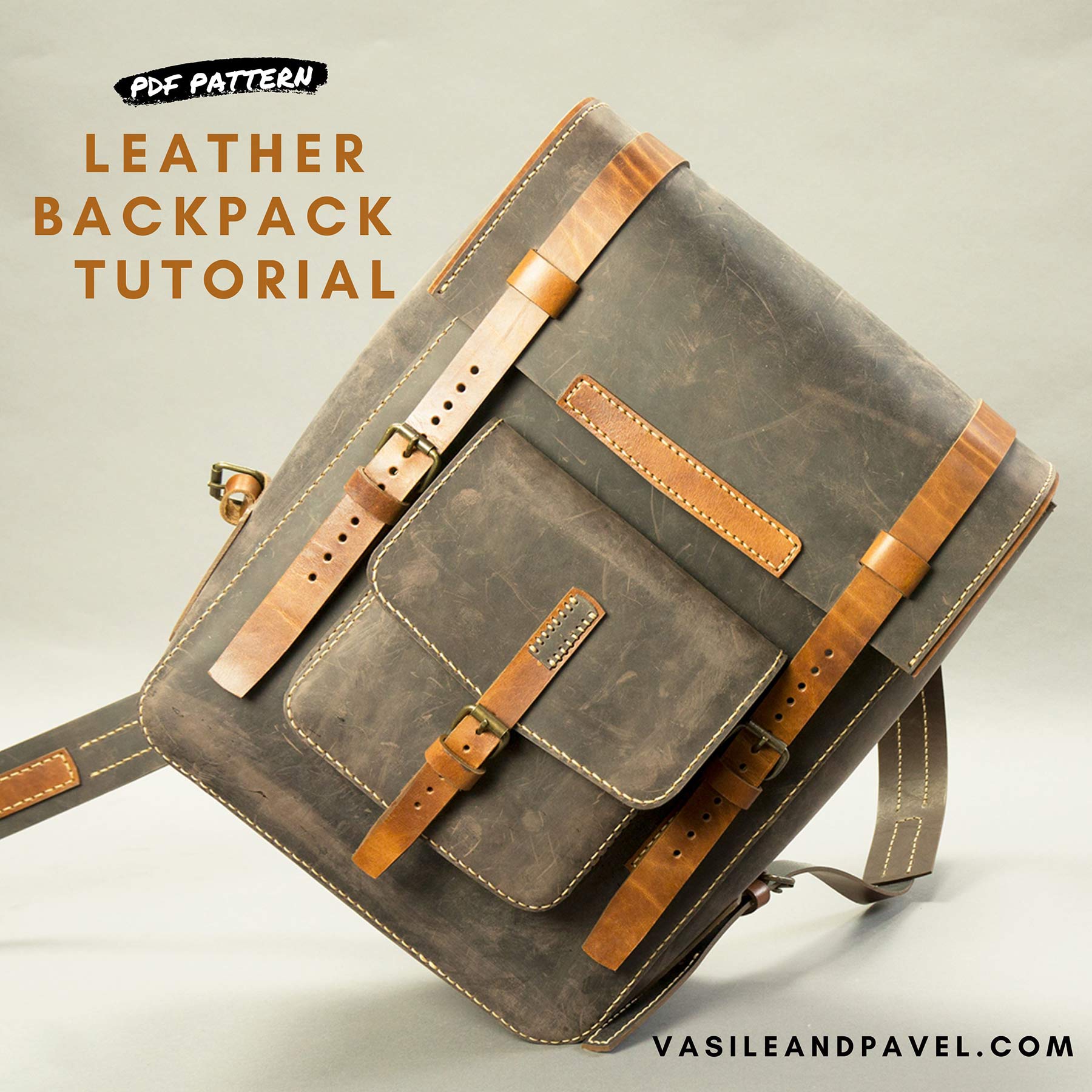 Casual Leather Backpack Template, PDF Pattern & Video Tutorial PDF pattern VasileandPavel.com 